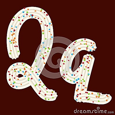 Tempting typography. Font design. Sweet 3D letter Q of the whipped cream and candy Vector Illustration