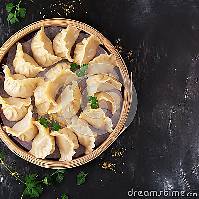 Tempting top view savory cabbage dumplings on dark background Stock Photo