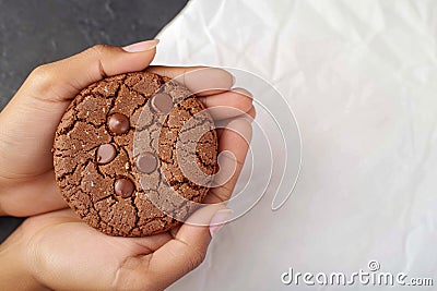 Tempting treats Overhead view featuring hands holding chocolate sweet cookies Stock Photo
