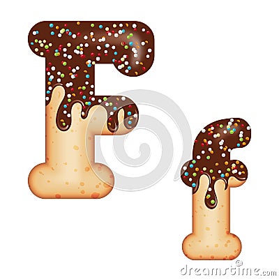 Tempting typography. Font design. 3D donut letter F glazed with chocolate cream and candy Stock Photo