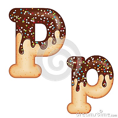 Tempting typography. Font design. 3D donut letter P glazed with chocolate cream and candy Stock Photo