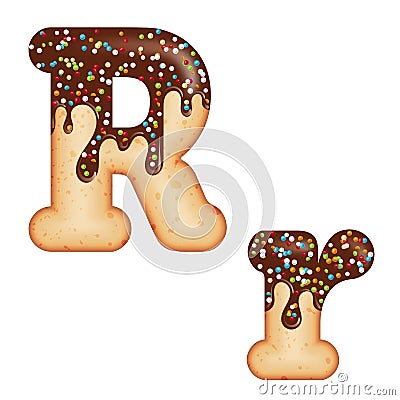 Tempting typography. Font design. 3D donut letter R glazed with chocolate cream and candy Stock Photo