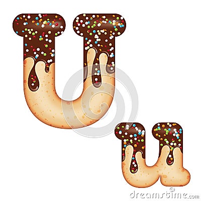 Tempting typography. Font design. 3D donut letter U glazed with chocolate cream and candy Stock Photo