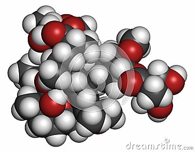 Temsirolimus cancer drug molecule. Prodrug of sirolimus (rapamycin). Atoms are represented as spheres with conventional color Stock Photo