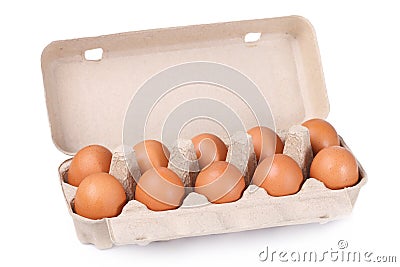 Ten brown eggs in a carton package Stock Photo