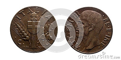 Ten 10 cents Lire Copper Coin 1936 Empire Vittorio Emanuele III Kingdom of Italy Stock Photo