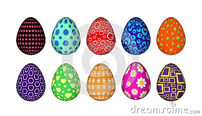 Ten colorful Easter eggs with simple patterns of geometric figures Vector Illustration