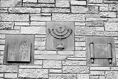 Ten Commandments, Menorah, Scroll - Religious Symbols Stock Photo