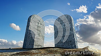 Ten commandments stones, viewed from ground level in dramatic pe Stock Photo