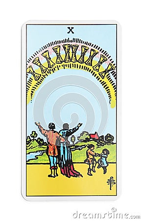 The Ten of Cups tarot card on white background, top view Stock Photo