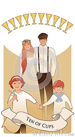 Ten of Cups. Tarot cards. Happy family composed of young parents and two children, enjoying in the sun and ten golden cups Stock Photo