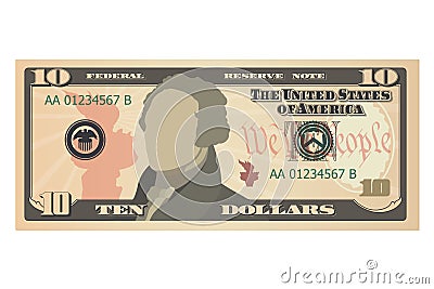 Ten dollar bill, 10 US dollars banknote, obverse, front side. Simplified vector illustration of USD on a white background Vector Illustration