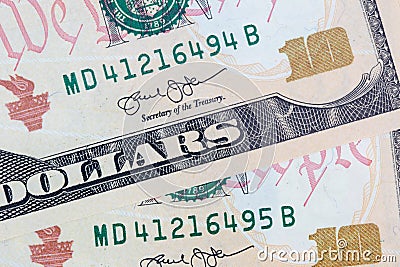 Ten dollars bills close up consecutive serial numbers Stock Photo