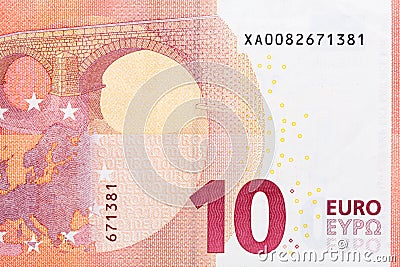 Ten euro - macro fragment banknote. Stock Photo