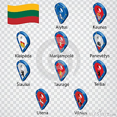 Ten flags the Counties of Lithuania - alphabetical order with name. Set of 3d geolocation signs like flags Counties of Lithuania Vector Illustration