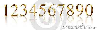 Ten golden numbers, from one to zero, in a row, over white Stock Photo