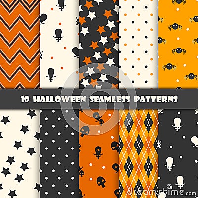 Ten Halloween different seamless patterns. Endless texture for wallpaper, web page background, wrapping paper and etc. Retro style Stock Photo