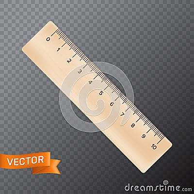 Ten inch or centimeter straight wooden ruler. 3D realistic vector illustration isolated on transparent background Vector Illustration