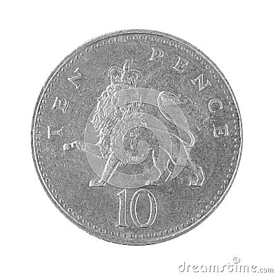 Ten 10 penny pence coin Great Britain 1992 money isolated on a white background photo Stock Photo