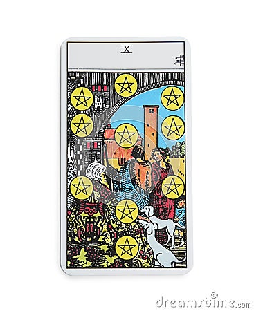 The Ten of Pentacles tarot card on white background, top view Stock Photo