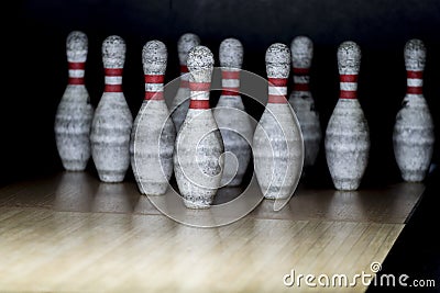 Ten pin bowling alley background. Closeup of tenpin row on a lan Stock Photo