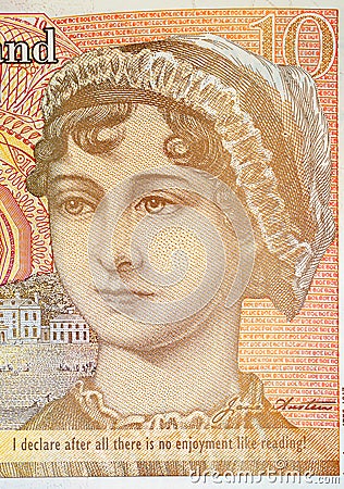 Ten Pound Note With Portrait of Jane Austen and quotation Editorial Stock Photo