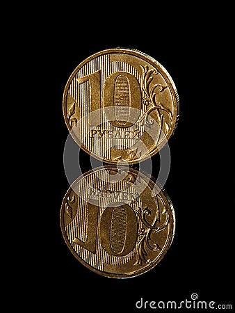 10 Ten rubles Russian coin with mirror reflection isolated on black background Stock Photo