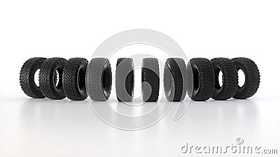 Ten Winter off-road Tires in Circle Row for a Vehicle on a Clean White Background. Stock Photo