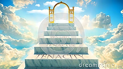 Tenacity as stairs to reach out to the heavenly gate for reward, success and happiness. Step by step, Tenacity elevates Stock Photo