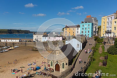 Tenby town Pembrokeshire in summer with holidaymakers and visitors and blue sky Editorial Stock Photo