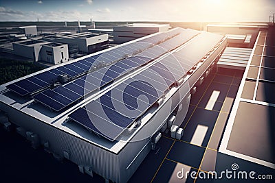 Tendency to take advantage of the free roofs of the industries to place photovoltaic panels to reduce business electricity costs. Stock Photo