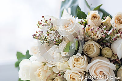 Tender beautiful wedding bouquet closeup, peach color roses and decoration, selective focus Stock Photo