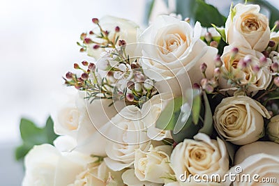 Tender beautiful wedding bouquet closeup, peach color roses and decoration, selective focus Stock Photo