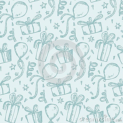 Tender blue pattern with sketch gifts and balloons Vector Illustration