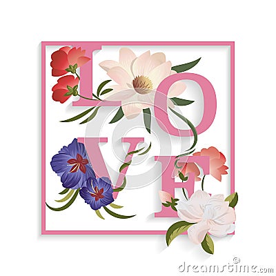 Tender card with flovers and love word over light blue background. Vector Illustration