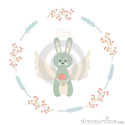 Tender Christmas card with a hare in a round frame of twigs. Vector Illustration