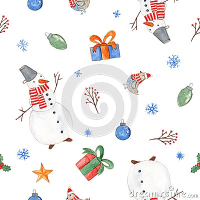 Tender watercolor Christmas elements pattern Stock Photo