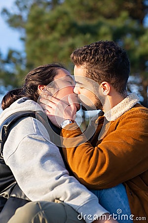 Tender couple of hikers in autumn Stock Photo