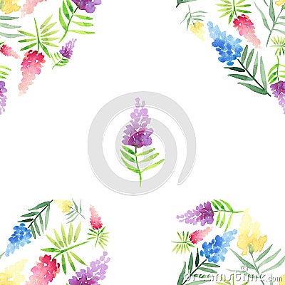 Tender delicate cute elegant lovely floral colorful spring summer red, blue, purple and yellow wildflowers with green leaves patte Cartoon Illustration