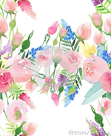 Tender delicate cute elegant lovely floral colorful spring summer red, blue, purple and yellow wildflowers and pink roses with gre Cartoon Illustration