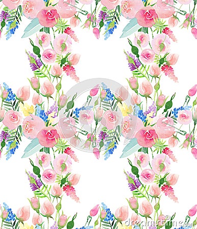 Tender delicate cute elegant lovely floral colorful spring summer red, blue, purple and yellow wildflowers and pink roses with gre Cartoon Illustration