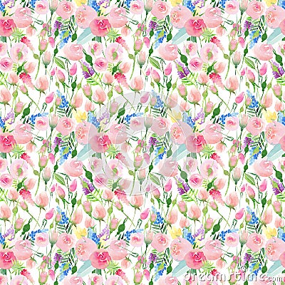 Tender delicate cute elegant lovely floral colorful spring summer red, blue, purple and yellow wildflowers and pink roses with gre Cartoon Illustration