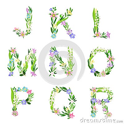 Tender Floral Alphabet with Decorative Nature Elements Vector Set Vector Illustration