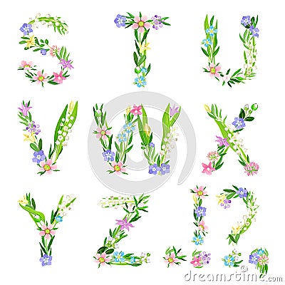 Tender Floral Alphabet with Decorative Nature Elements Vector Set Vector Illustration