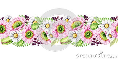 Tender garden and field flower seamless border. Watercolor illustration. Hand drawn pink poppy, white daisy, privet Cartoon Illustration