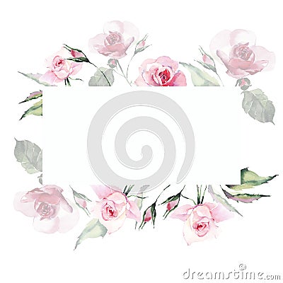 Tender gentle sophisticated wonderful lovely cute spring floral herbal botanical powdery light pink roses with green leaves card w Cartoon Illustration