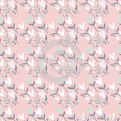 Tender heart flowers seamless pattern. Soft pink background with white valentine elements Cartoon Illustration