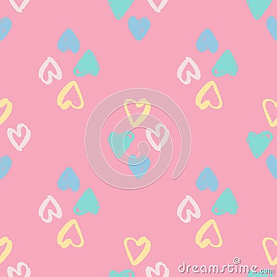 Tender heart ornament seamless pattern. Romantic print with blue, yellow and white valentine silhouettes on pink background Cartoon Illustration