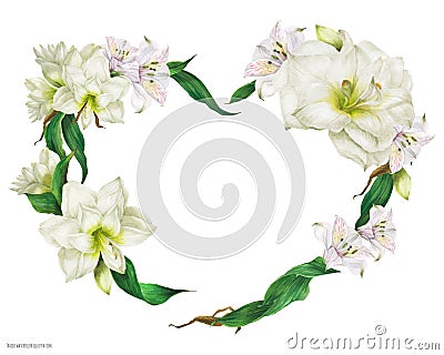 Tender heart shape wreath with white flowers Cartoon Illustration