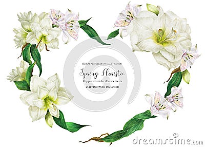 Tender heart shape wreath with white flowers Cartoon Illustration